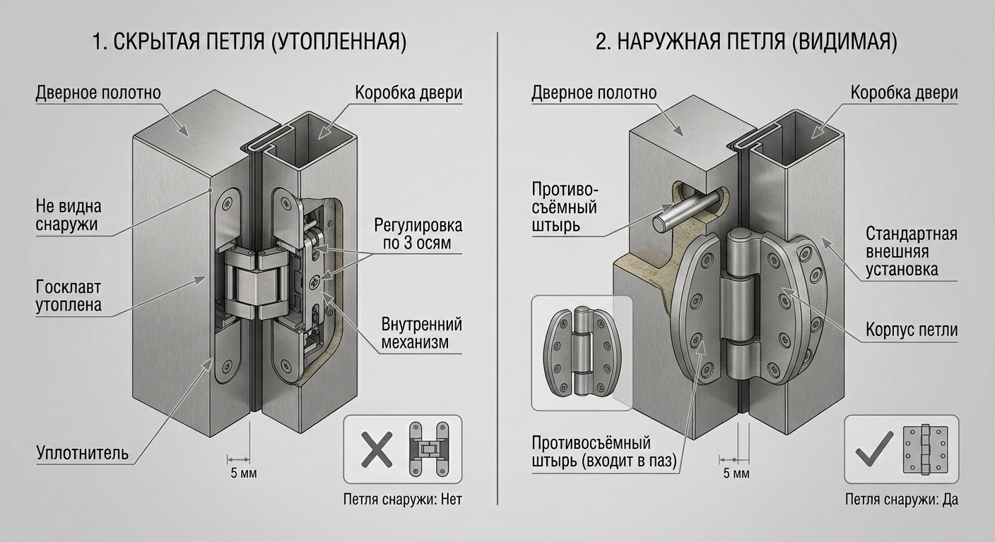 Скрытые и наружные петли для входной двери — сравнение